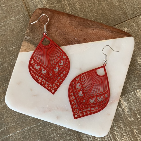 Red Filigree Drop Earrings - Picture 4 of 6
